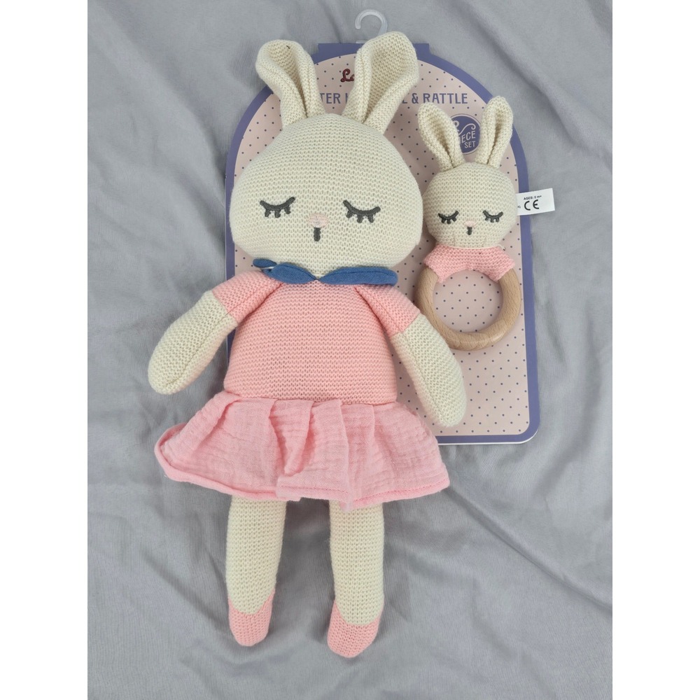 Lulujo Knit Bunny Character Friend and Wooden Ring Rattle Set‎ Pink Cream New